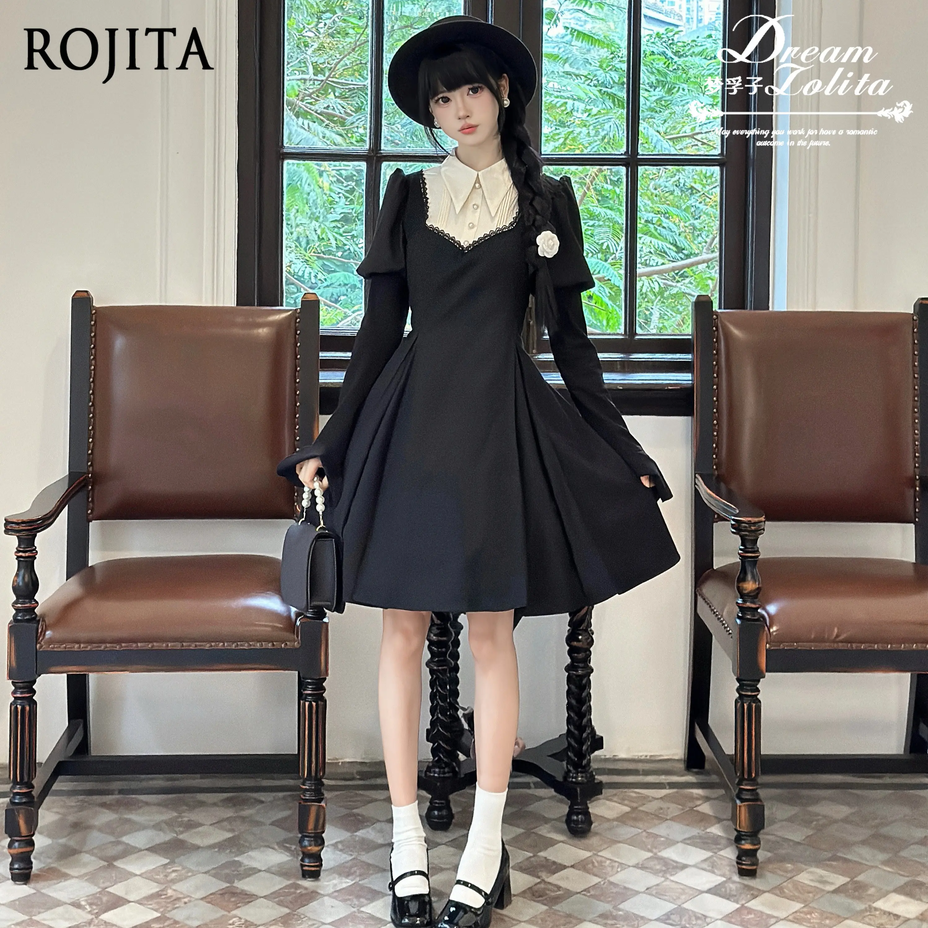 Gothic Lolita OP Dress Nun Style Long Sleeve Contrast Collar Fishbone Waist A‑Line Short Dress for Women