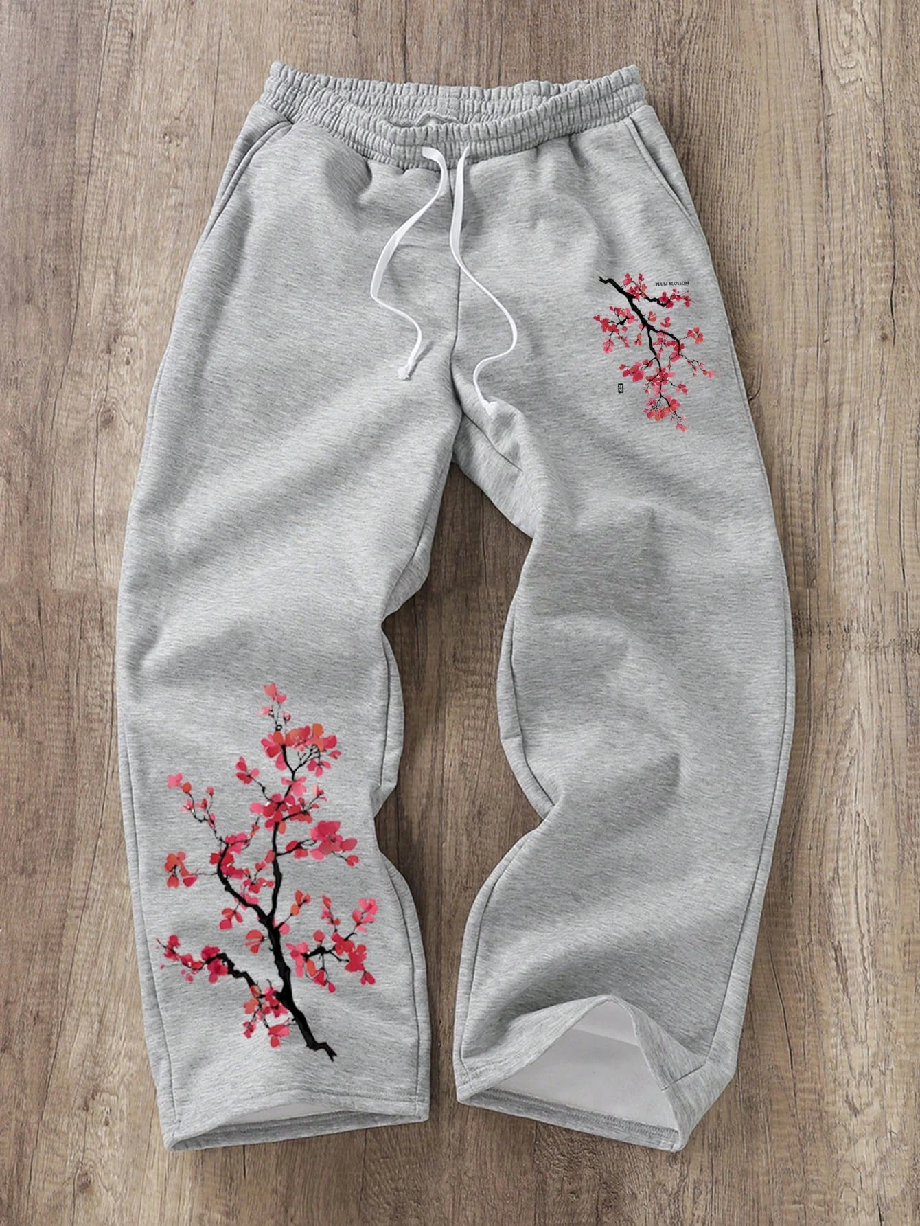 Men's plum blossom print straight-leg sweatpants; loose-fitting casual streetwear trousers men clothing mens pants