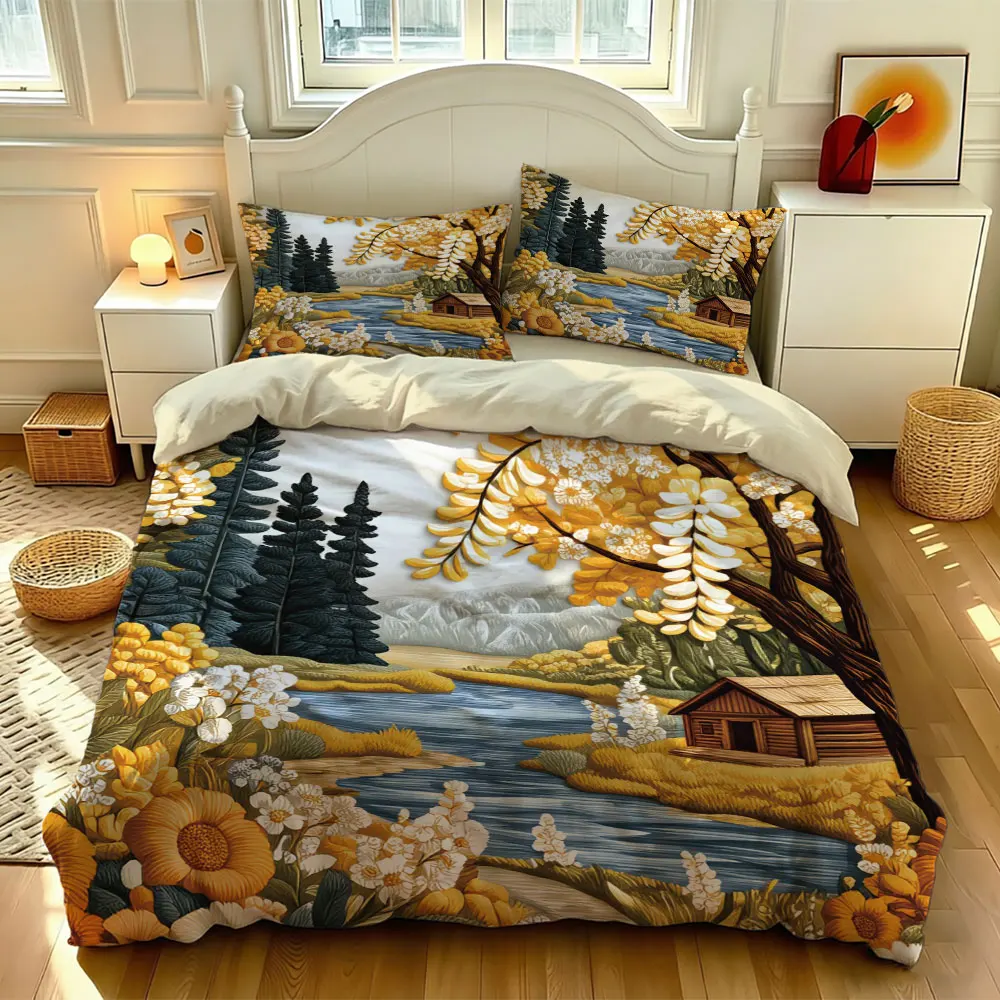 3PCS Oil Painting Style Autumn Forest River Cabin Duvet Cover Set, Soft Bedding Decorative Machine Washable, No Insert
