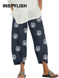 Women Cotton Linen Harem Pants Vintage Printed Wide Leg Trousers Casual Solid Pockets Harajuku High Waist Baggy Pants Joggers