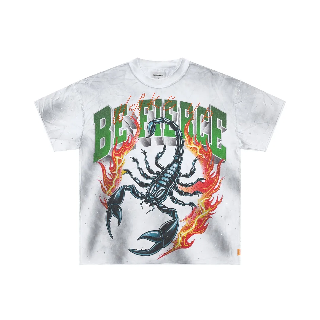 Oversized Fashion Rhinestone Tee Men FIRST ROW Fire Scorpion Print T-shirt Retro Streetwear Loose Crew Neck Casual Shirts Unisex