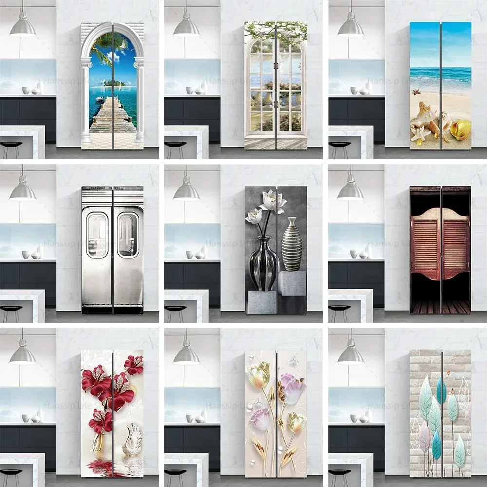 

Abstract Flower Seaside Fridge Door Sticker Waterproof PVC Landscape Wall Art Mural Refrigerator Cover Decor