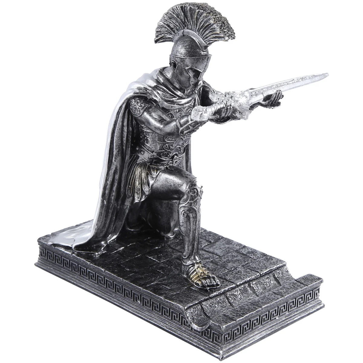 Knight Pen Holder with Helmet Statue Pen Holder Armor Roman Knight with Magnetic Pen Holder Phone Stand Iron Color