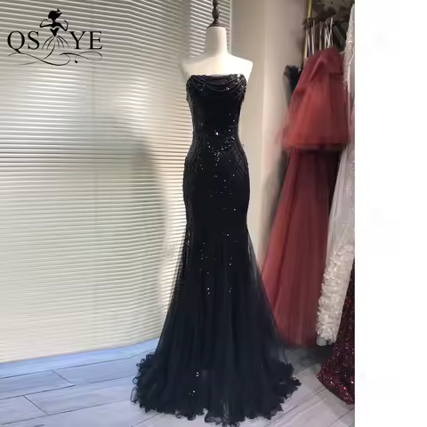 Cascading Bead Black Prom Dresses Pattern Sequin Lace Mermaid Evening Dress Flares Tulle Hem Ruched Strapelss Woman Formal Dress