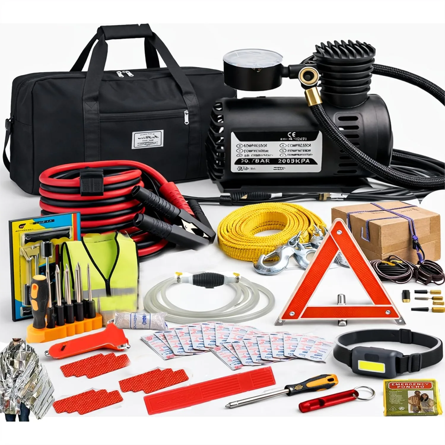 

Car Roadside Emergency Kit with Jumper Cables, Air Compressor, Headlamp, Tow Straps, Safety Hammer for Vehicle