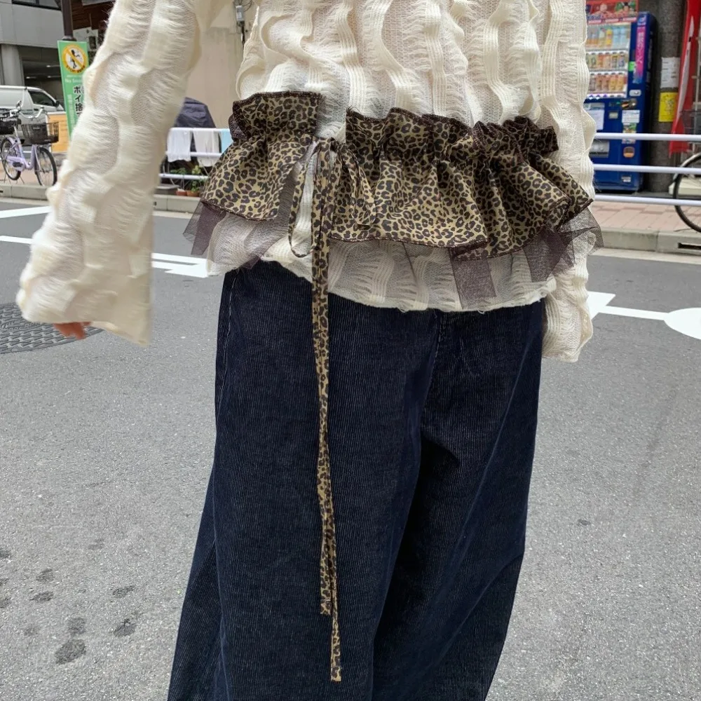الهيب هوب ليوبارد طباعة وشاح الورك تنورة قميص موسع شبكة تكدرت حافة زنار Y2K طبقة حلوة وتتسابق حزام الخصر اكسسوارات
