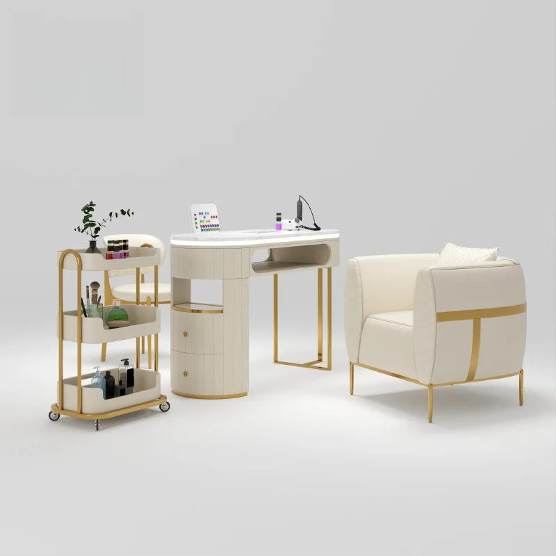 モダンライトラグジュアリーホワイトサロン家具設備ビューティーラッシュマニキュアテーブルサロンネイルテーブル＆チェアースツールセット