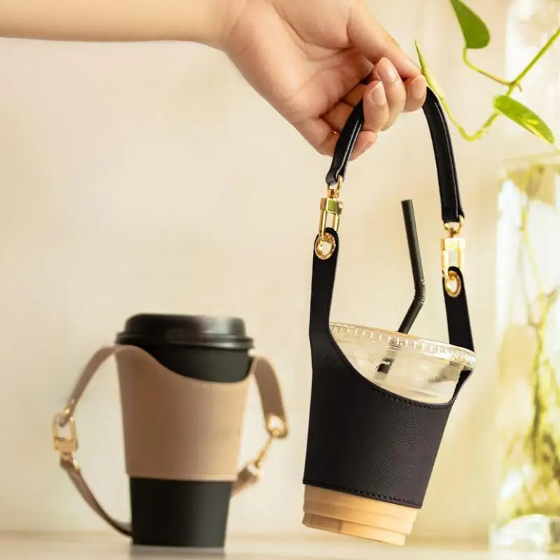 Portable Drinking Bottle Sleeve Bag Coffee Cup Holder Leather Sling Carrier Pouch Milk Tea Cup Band With Handle Beverage Cup Bag