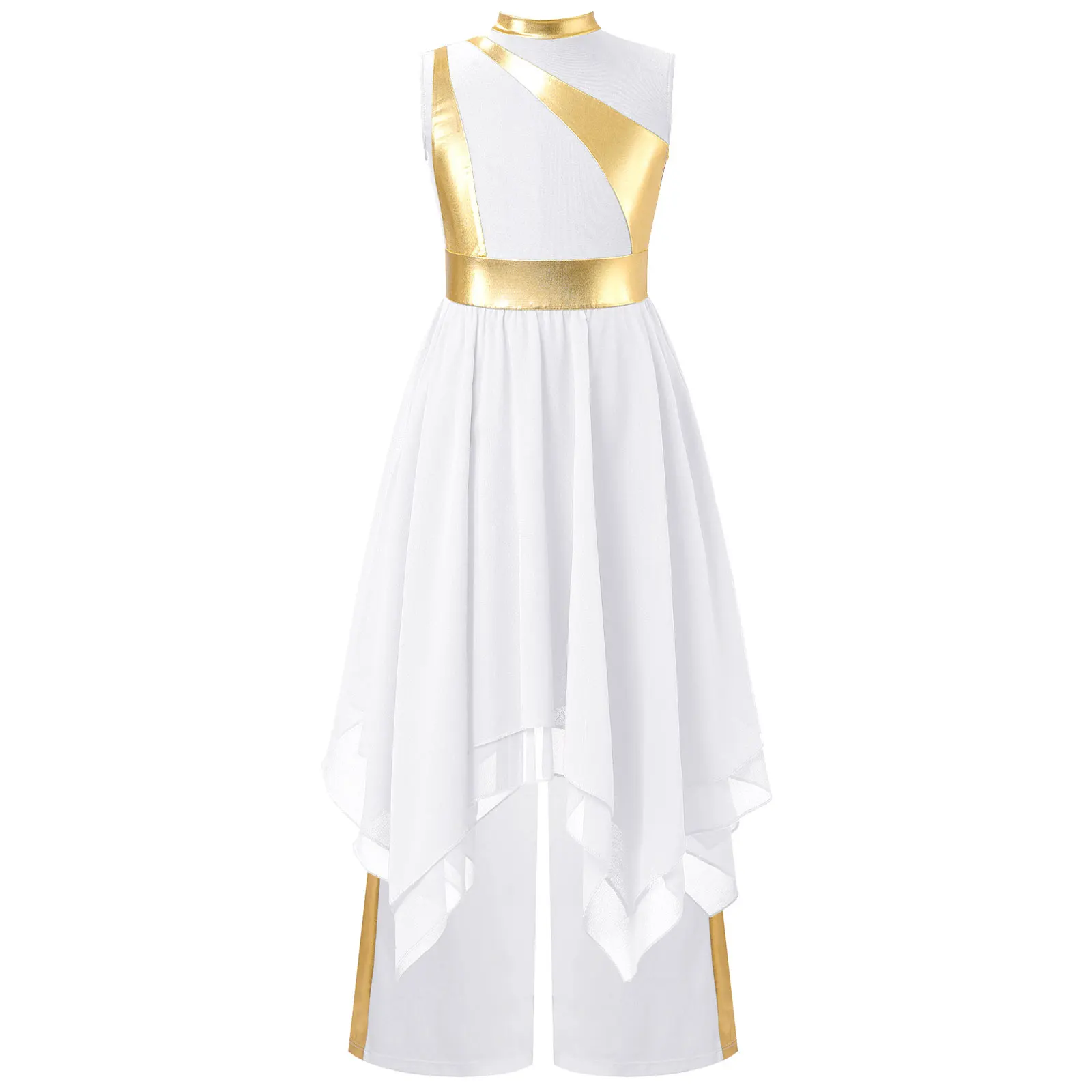 أطفال بنات الليتورجية الثناء الرقص مجموعات معدنية المرقعة أكمام غير متناظرة هيم فستان الكنيسة الغنائية مع بنطال ذو قصة أرجل واسعة