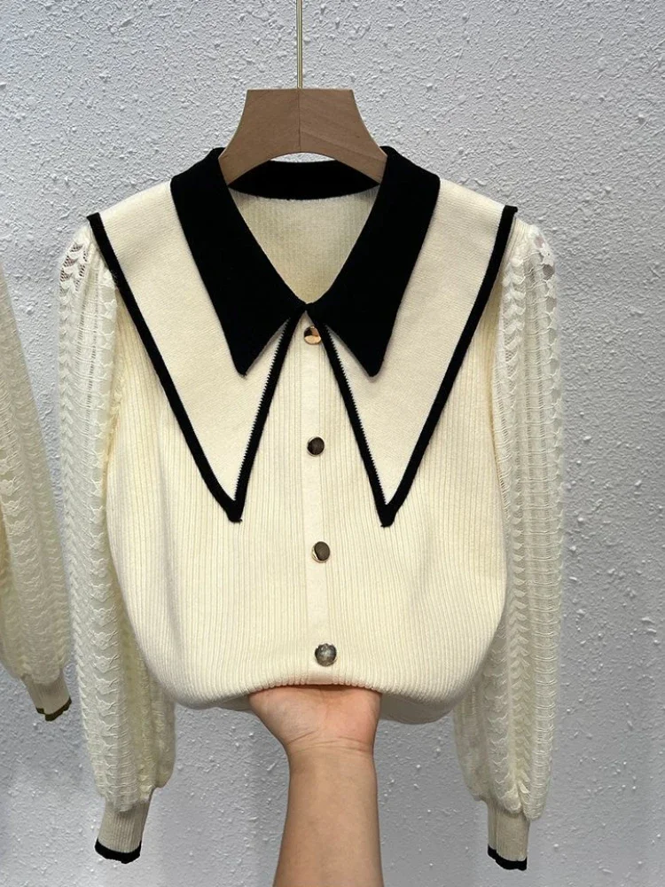 Fashion Design Thin Sweaters Fake Two Piece Contrast Color Peter Pan Collar Puff Sleeve Pullovers Plus Size Women Clothing 2024