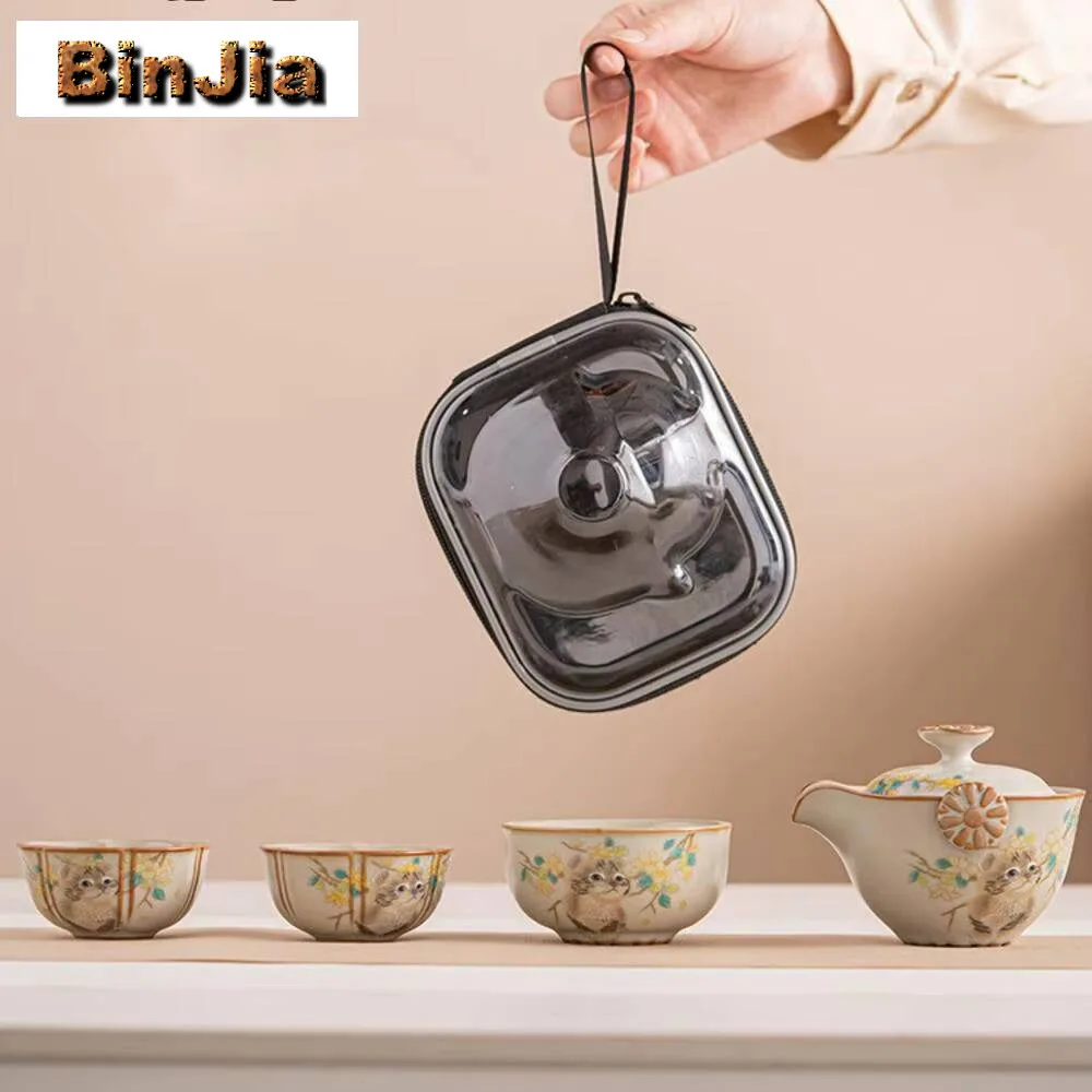 

Керамический чайный сервиз с имитацией печи Ru Cat, японский 1 горшок, 3 чашки, чайная посуда, портативная сумка для напитков, подарок для рукоделия