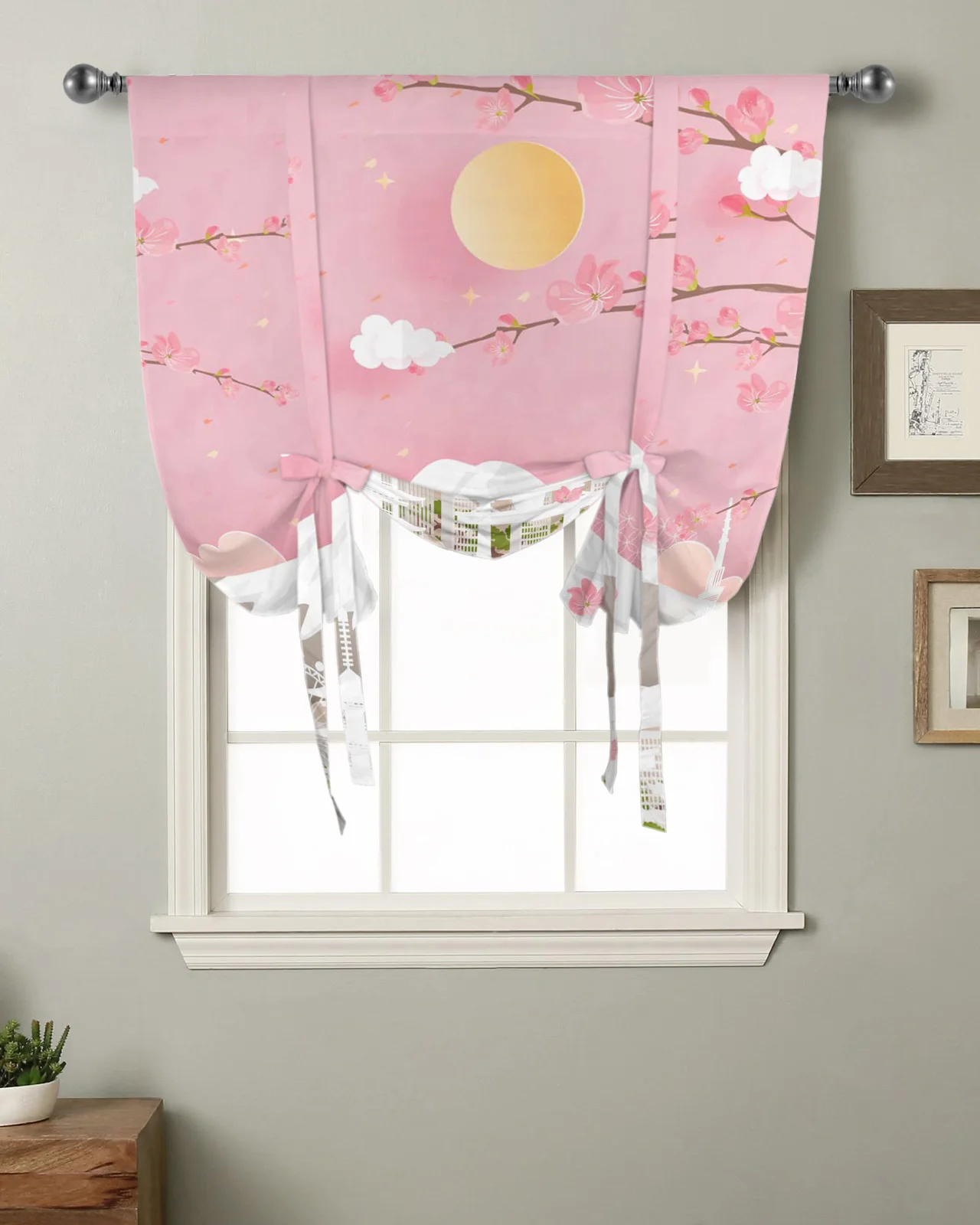 

Mountain Peach Blossom Sun Kitchen Short Window Curtain Rod Pocket Curtains Home Decor Room Small Window Roman Tie Up Curtains