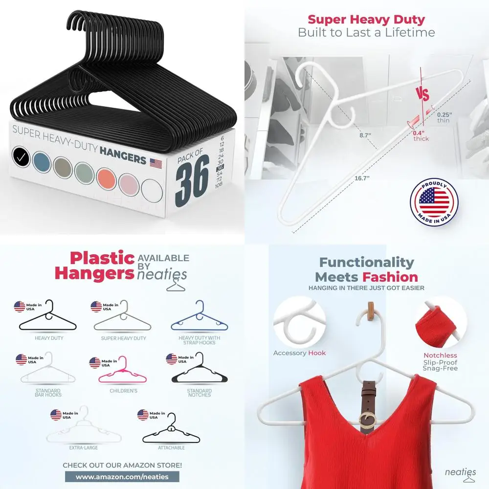 

Heavy Duty Plastic Hangers - 36 Pack, 10 lb Capacity, Thick for Pants, Coats, Jackets, Jeans, Adult Clothing, Made in USA