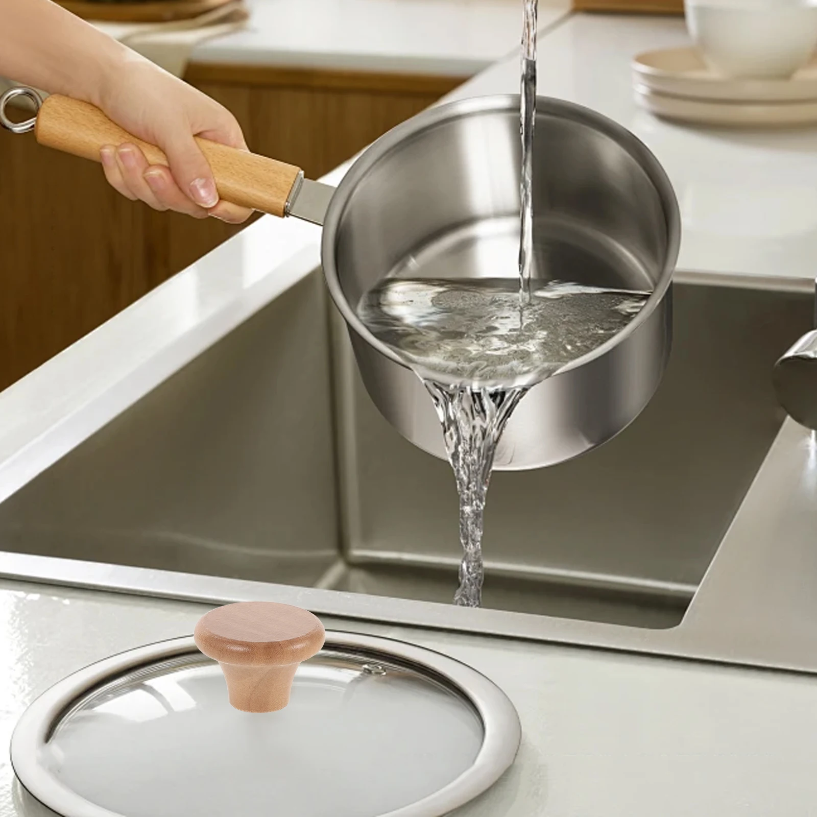 

Stainless Steel Silicone Wood Pot Handles Compact Sturdy Heat Resisting Universal Pan Knobs Reusable Wood Lid Handle Mini