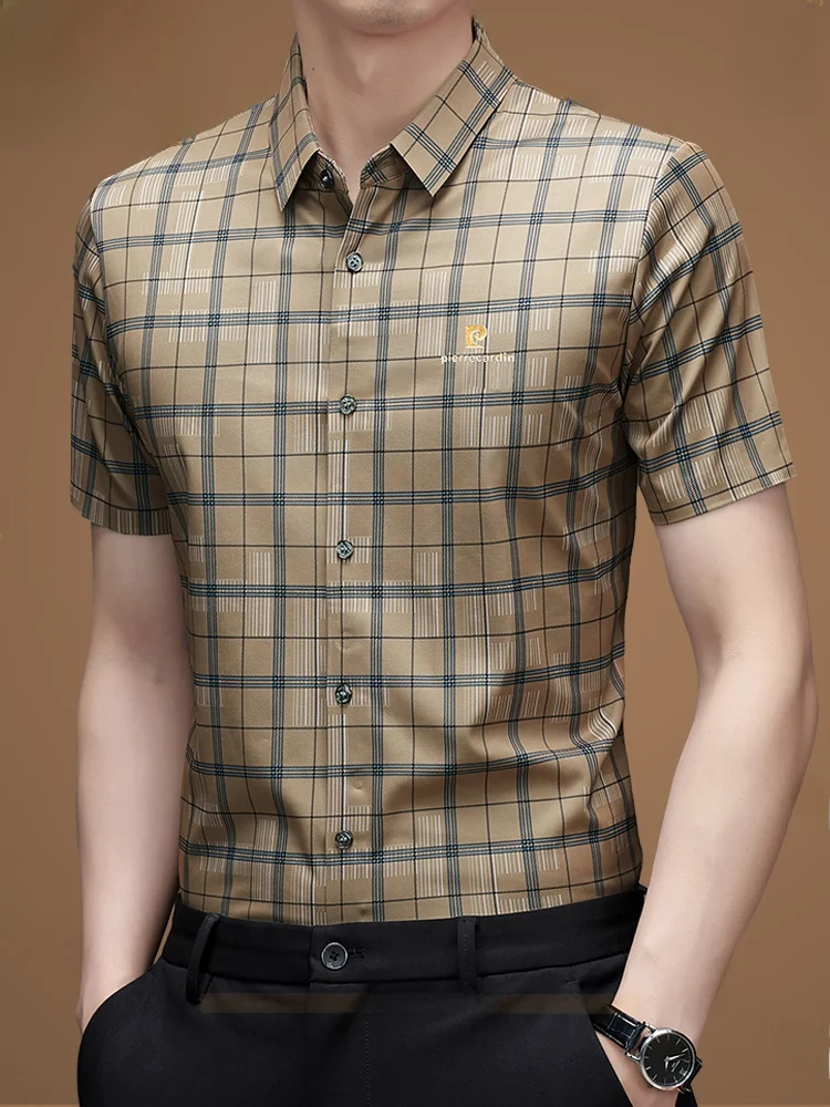

Pierre Cardin Summer ort Sve Men's irt Luxury Ice Silk No Ironing Busin Casual Plaid Print irt Faion Urban Sle