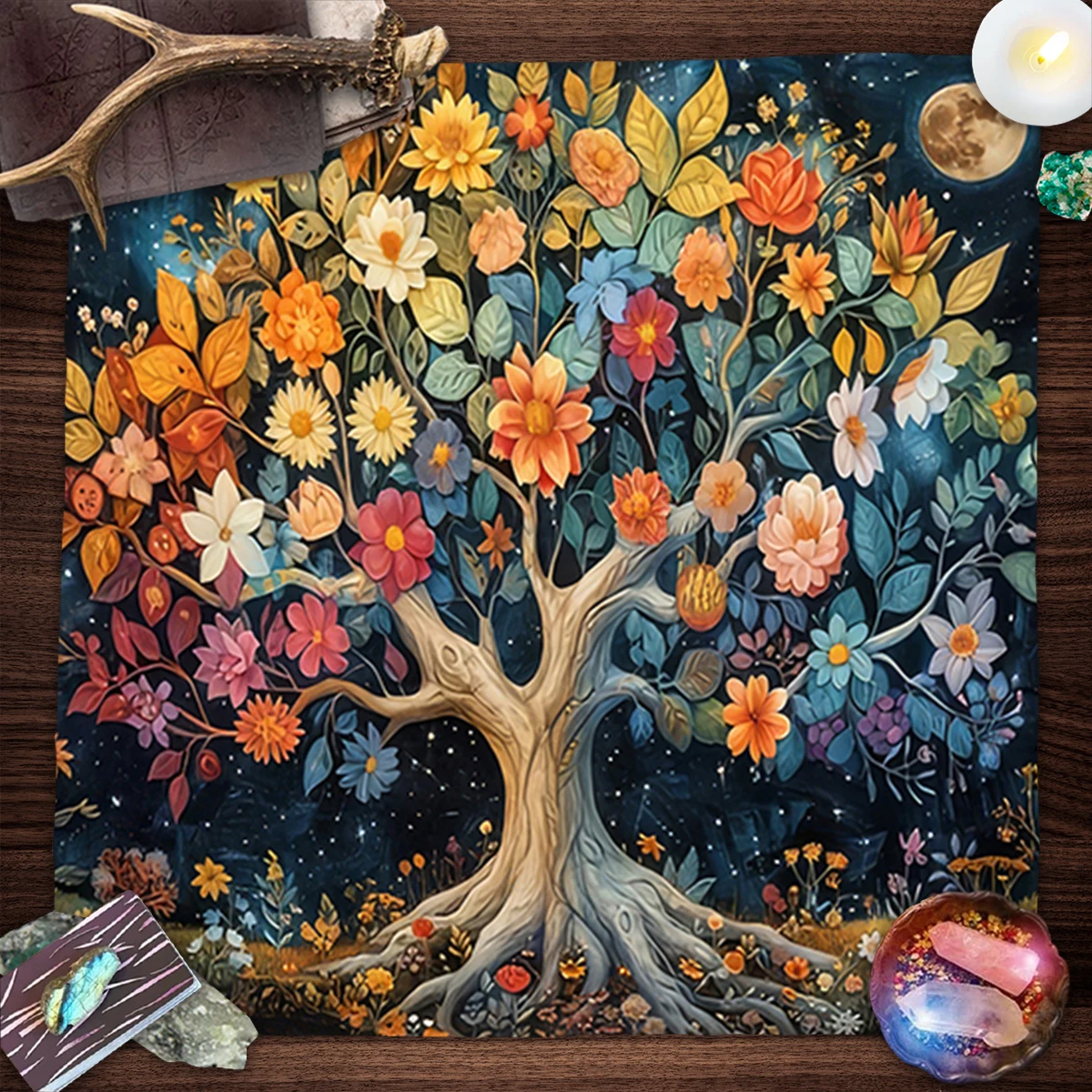 Tree of Life With Colorful Flowers Altar Cloth Tarot Tablecloth Sun Moon Tarot Card Table Cloth Tarot Mat Witch Home Decor