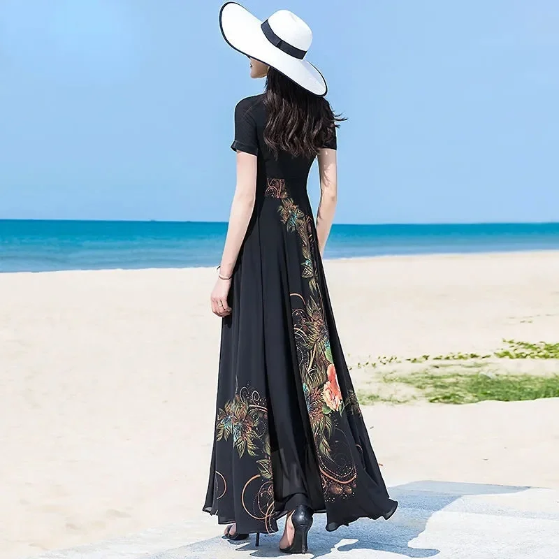 Short Sleeve Chiffon Dress High Waist Print Shows Tall Thin Temperament Super Fairy Big Swing Waist Vacation Beach Long Skirt