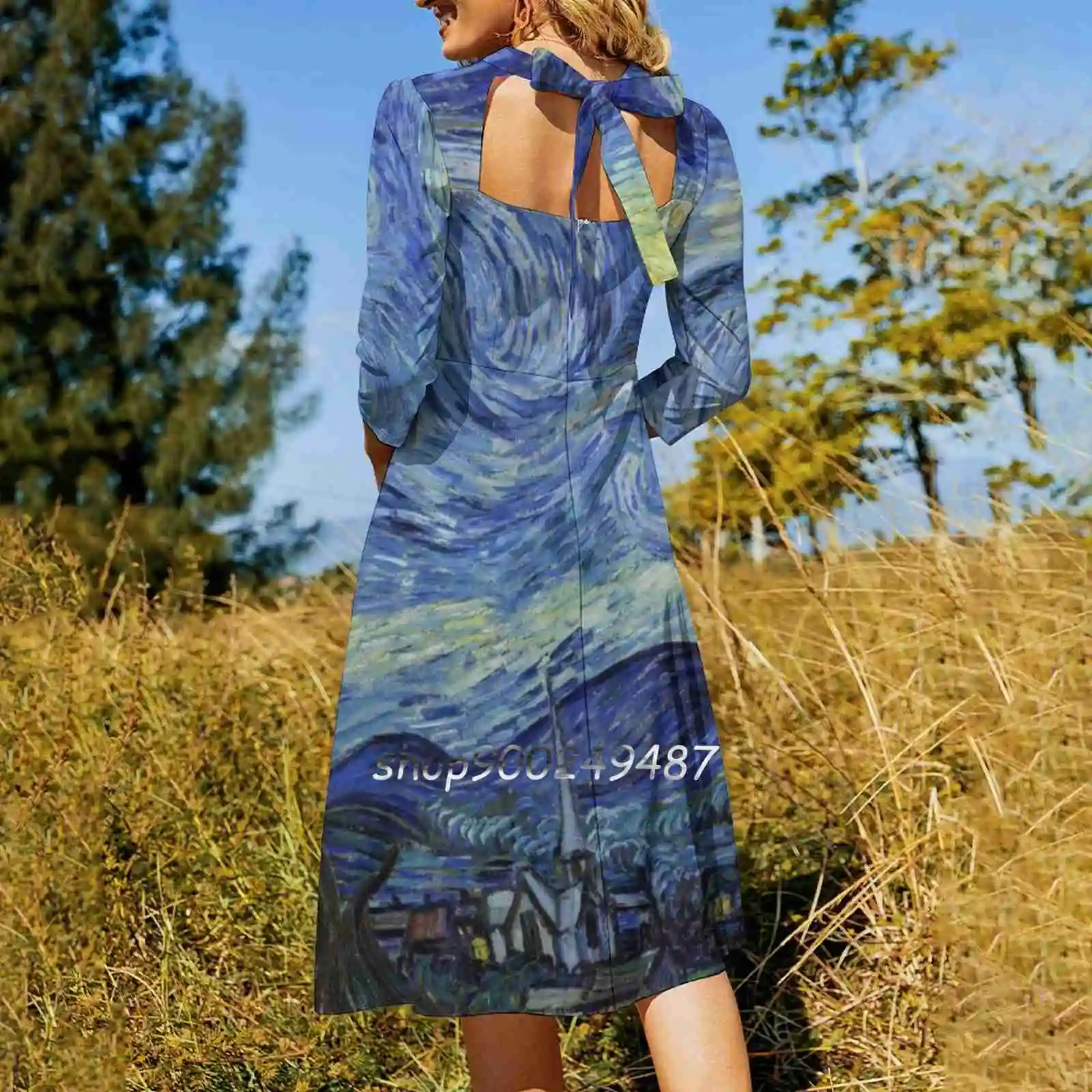 Starry Night-Van Gogh Flare Dress Square Neck Dress Elegant Female Fashion Printed Dress Star Stars Vincent Van Gogh Van Gogh