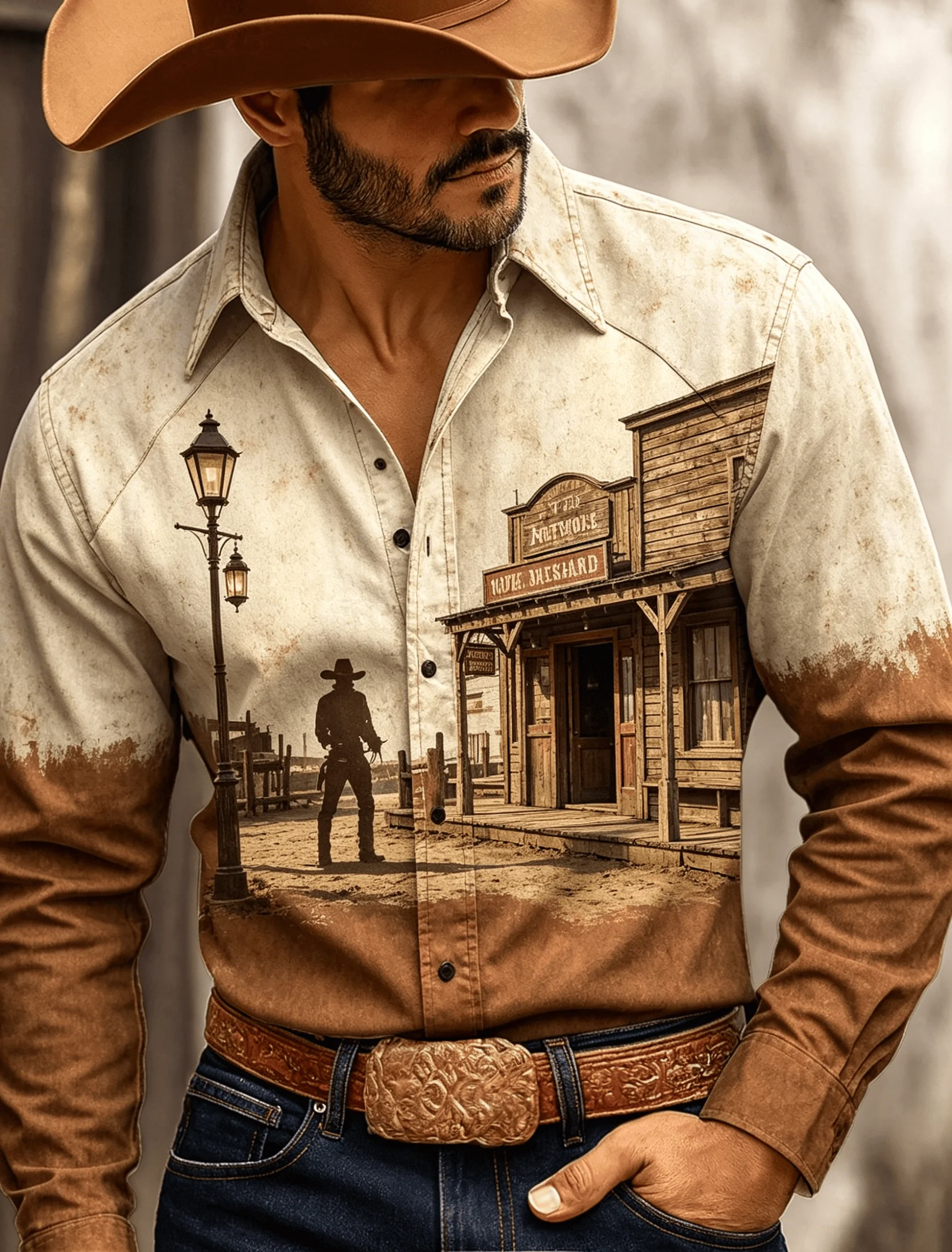 Camisa Masculina Vintage com Estampa de Cowboy, Padrão de Silhueta de Saloon Antigo, Casual com Botões para Primavera e Verão