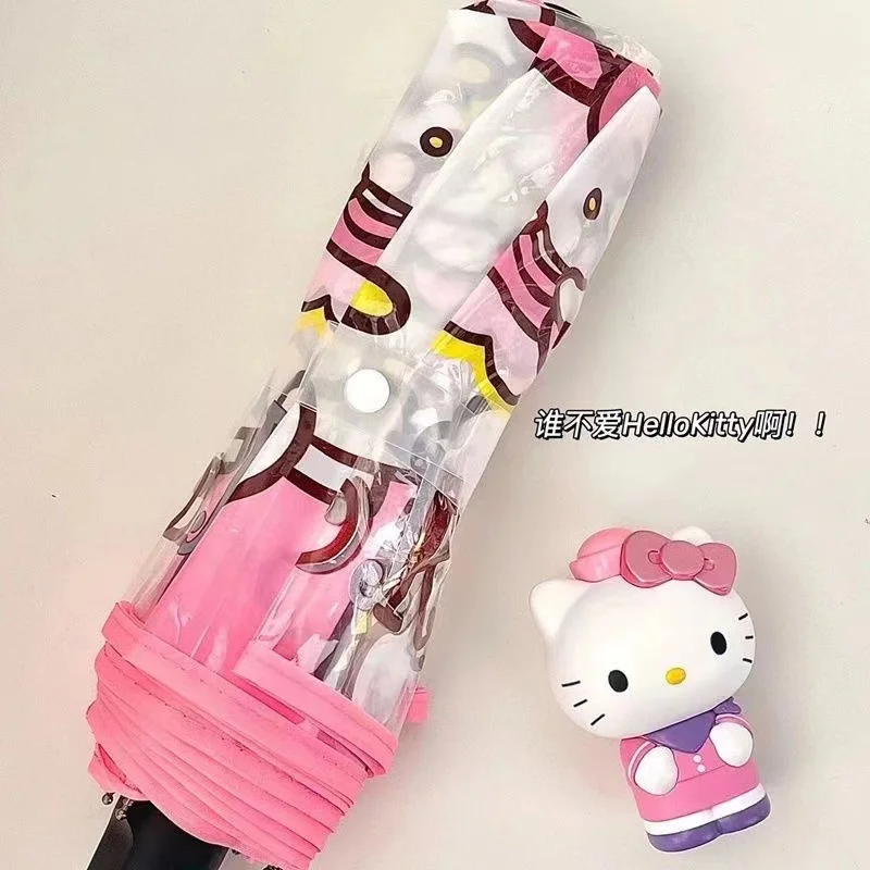 كارتون أنيمي كيتي القط مظلة شفافة لطيف المحمولة قابلة للطي التلقائي بالكامل ثلاثية الطي مظلة واضحة الفتيات هدية