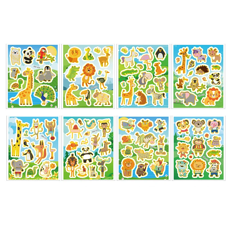 8 Sheets/Set Hot Stamping Sparkly Stickers Cartoon Animal Patterns Diary Sticker Scrapbook Handbook Decoration