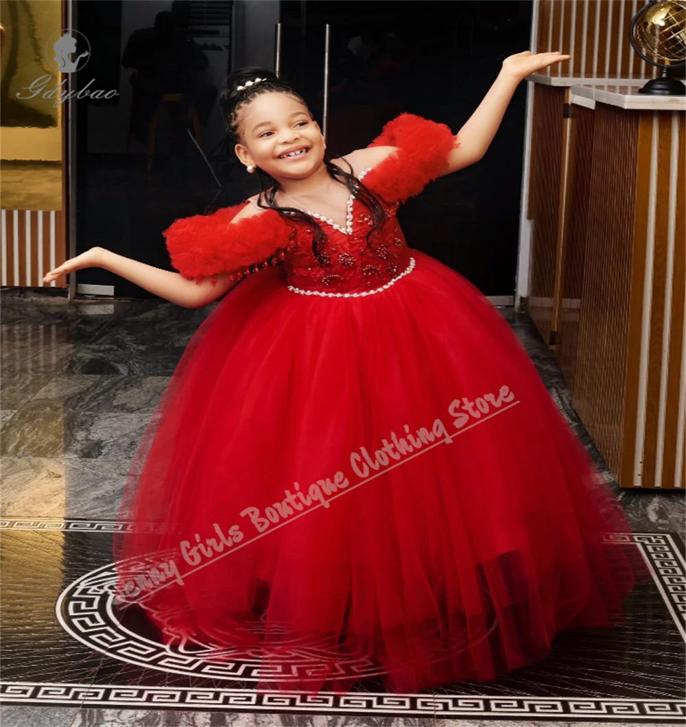 

Red Elegant Flower Girl Dress Fluffy Transparent Crew Neck Off Shoulder Kids Princess Communion Birthday Dress Party