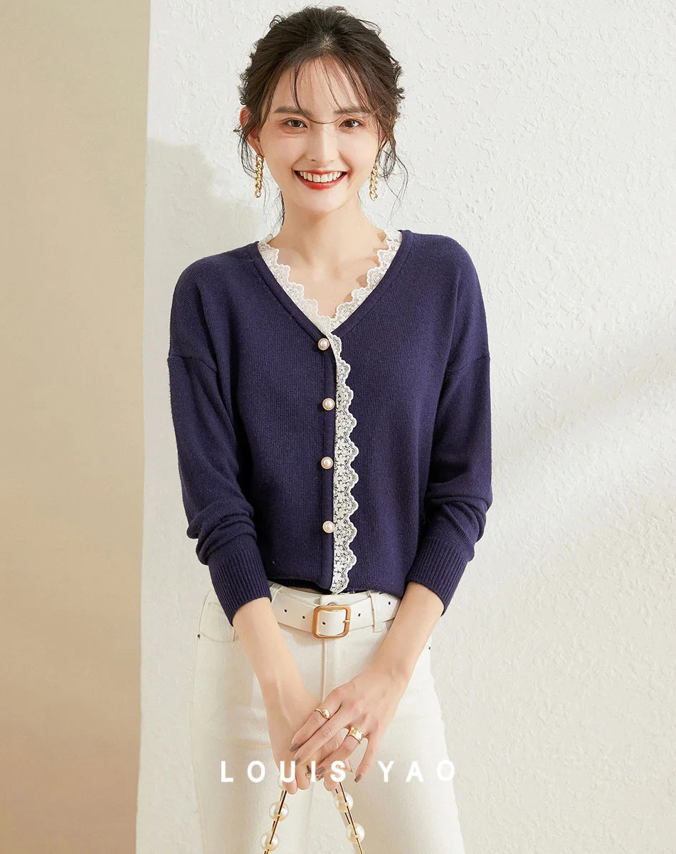 LOUIS YAO 2024 Lace Lace Splicing V-neck Top Autumn Style Gentle and Sweet Long Sleeve Knitted Shirt for Women