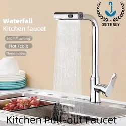 Three Modes Kitchen Faucets Pull Out Rotation Waterfall Stream Sprayer Head Sink Mixer Hot Cold Single Hole Sink Wash Tap