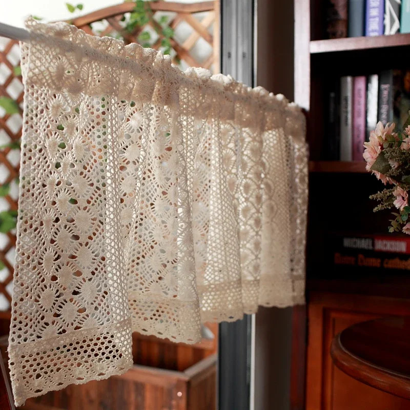 1PCS Knitted Lace Tiers Short Curtains for Kitchen Cabinet Toilet Crocheted Beige Hollow Hole Lace Floral Door Cafe Decroation