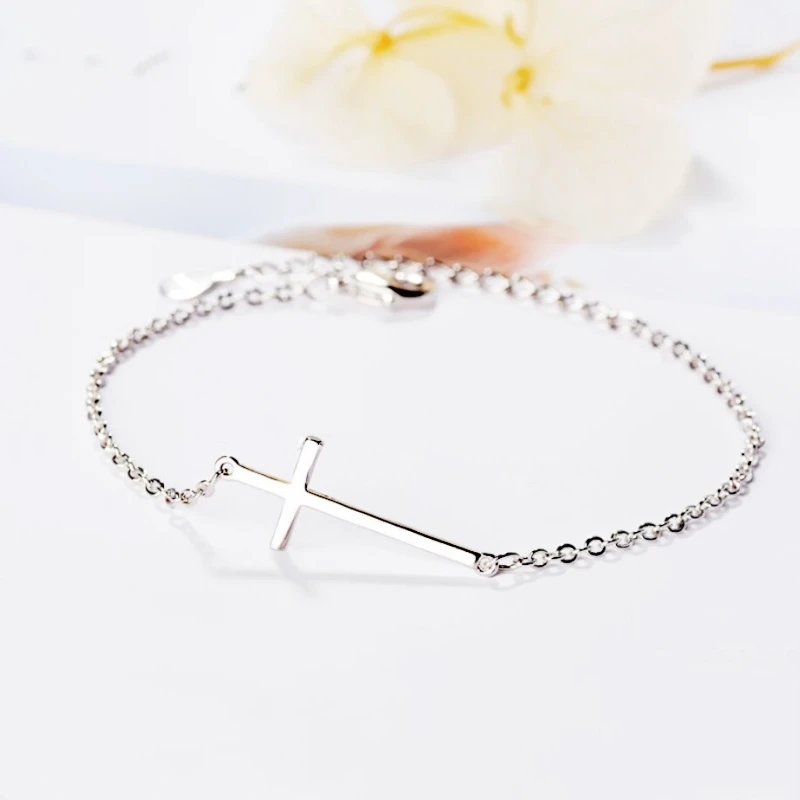

Оригинальные простые нежные сладкие романтические браслеты из стерлингового серебра 925 пробы с крестом, женские браслеты изменяемого размера BR143