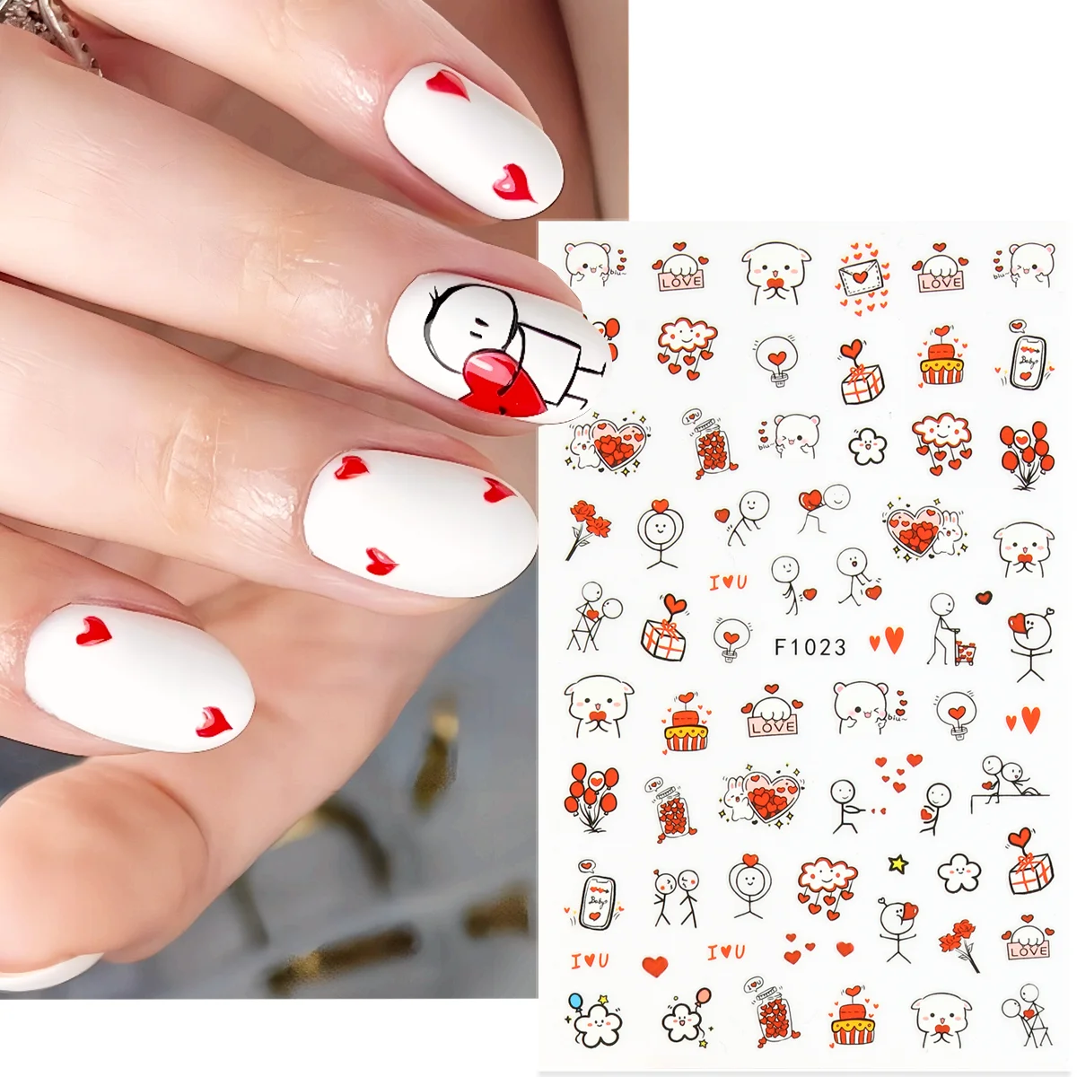 3D Cartoon Valentine Nail Sticker Valentines Day Cute Nail Art Lover Letter Hearts Nail Stickers Decals Manicure Decors LEF1021