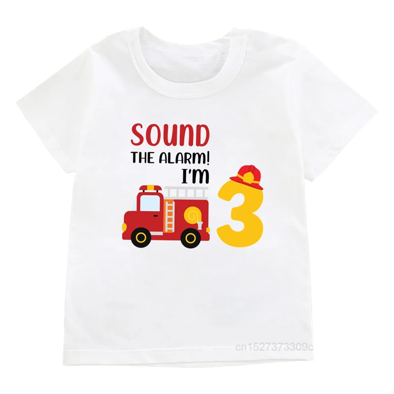 Boys/Girls Cool Firefighter Car 1-8 Birthday Numbers Tshirt Children Happy Birthday T Shirt White T-Shirt Baby Fire Truck Top