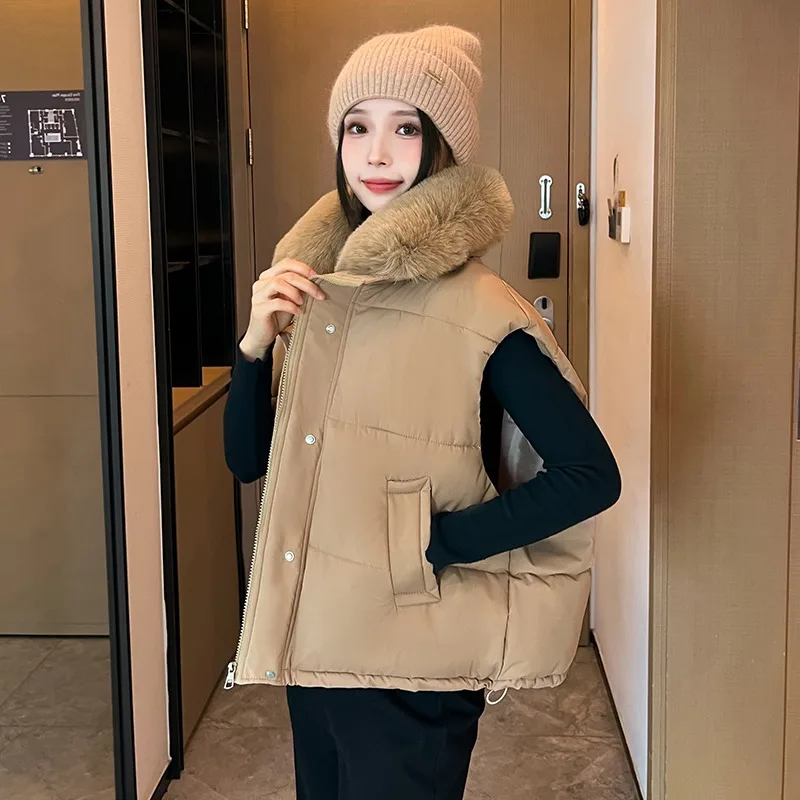 Ciepła kamizelka bawełniana z dużym kołnierzem ze sztucznego futra, moda high street, gruba kurtka bez rękawów dla kobiet, płaszcz z klapami i sznurkiem, chaquetas