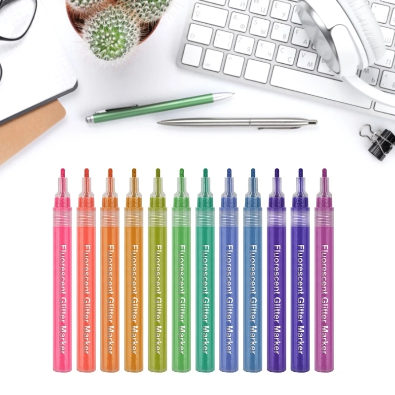 12 Pack Markers ปากกาเน้นข้อความ Glitter Marker สำหรับตัวอักษรมือภาพประกอบ Dropship