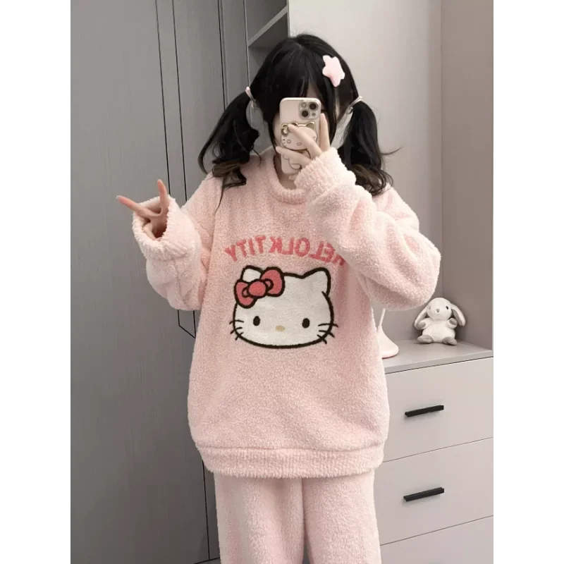 Sanrio Hello Kitty pajamas round neck long sleeves trousers warm plush women\'s pajamas casual cartoon winter loungewear set