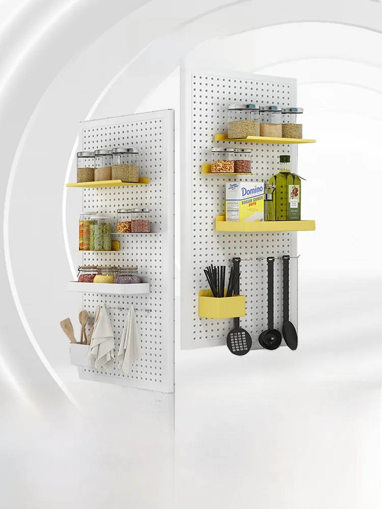 رف تخزين معدني مثقب يثبت على الحائط للمطبخ، منظم للأدوات، رف معدني مثقب، لوح تعليق جانبي