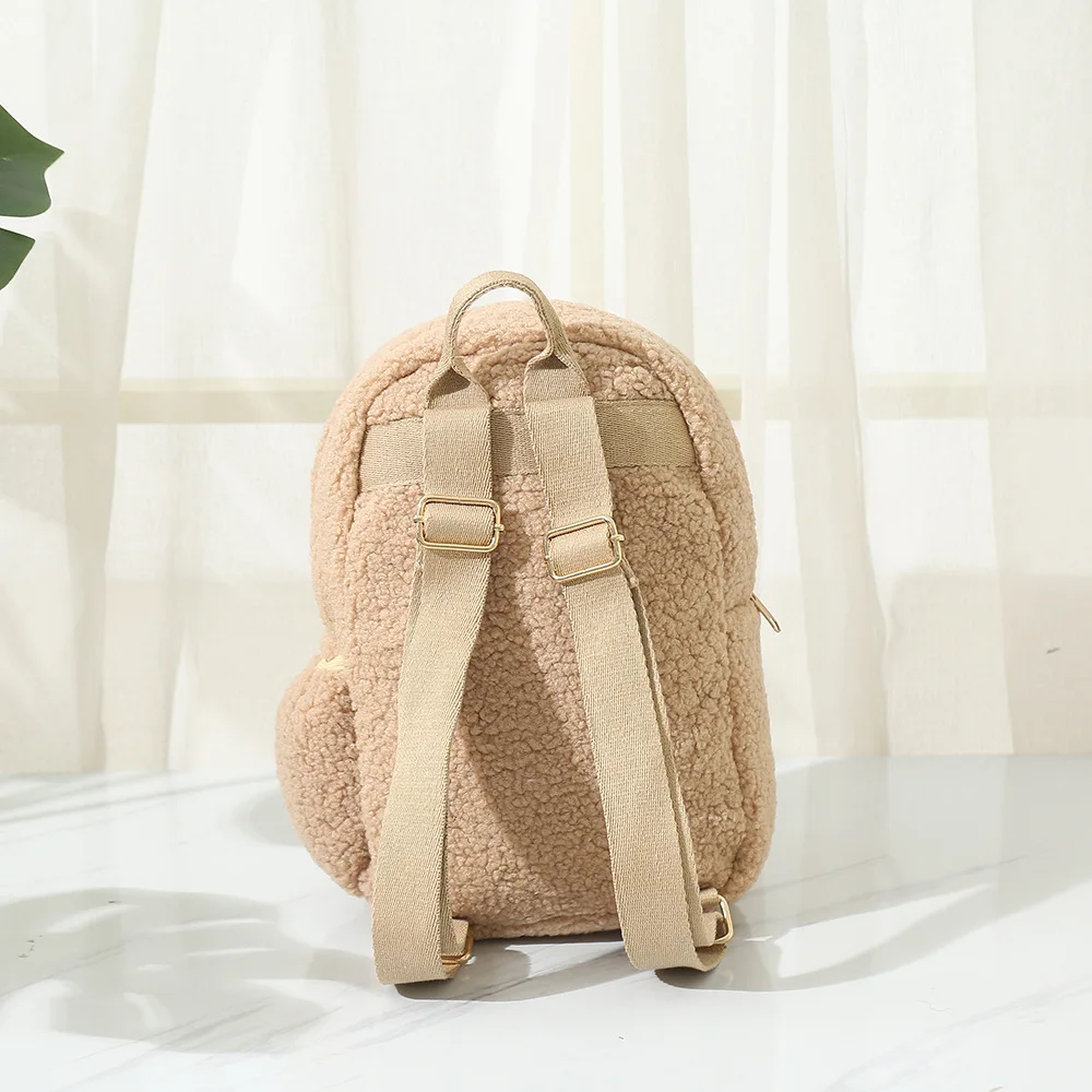 Mochila bordada de lana de cordero personalizada para mujer, mochila de hombro bordada portátil para niños, viajes, compras