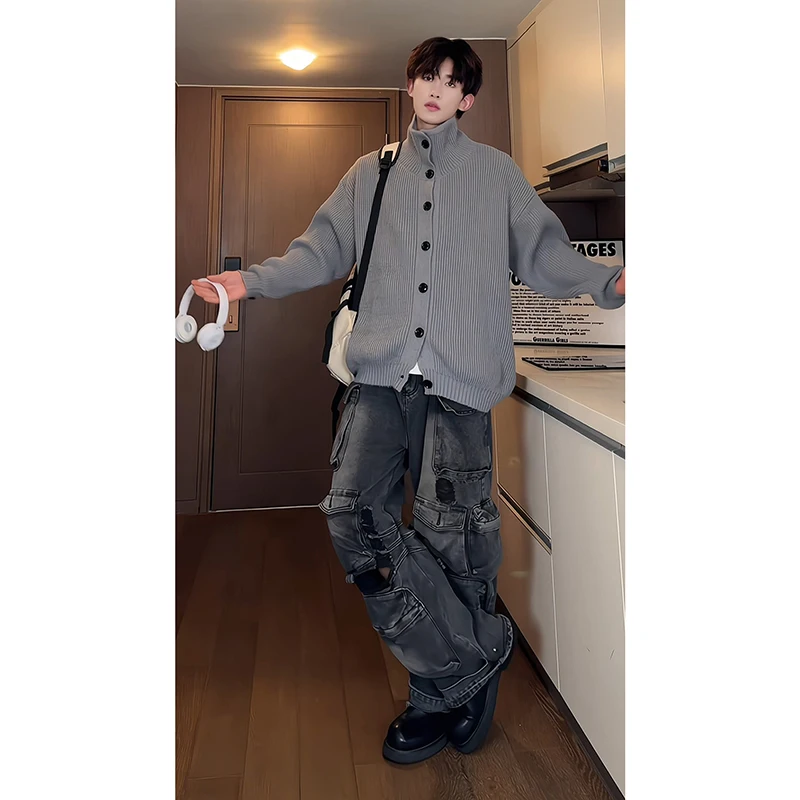 

ay Open Cardigan Sweater Men's Autumn Winter Korean Sle High-End Trendy Brand Cleanfit Lazy Sle High Collar Knitted Out...