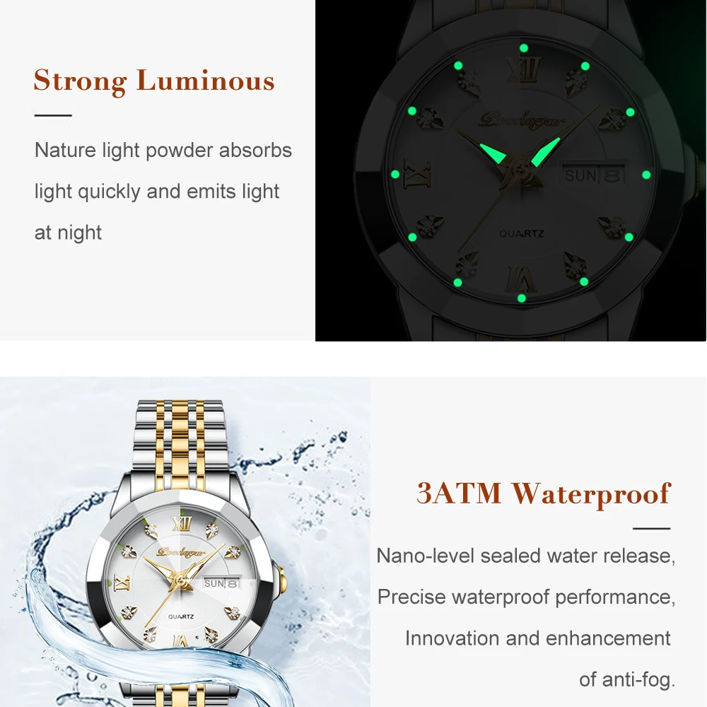 Poedagar luxo senhoras relógio de pulso luminoso à prova dwaterproof água data semana mulher vestido relógios aço inoxidável relógio de quartzo + caixa