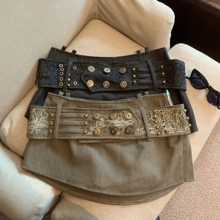 

Retro Hong Kong Style Spicy Girl Embroidered Denim Skirt Women Summer Outdoor Wear Wrap Waist A-Line Half-length Skirt