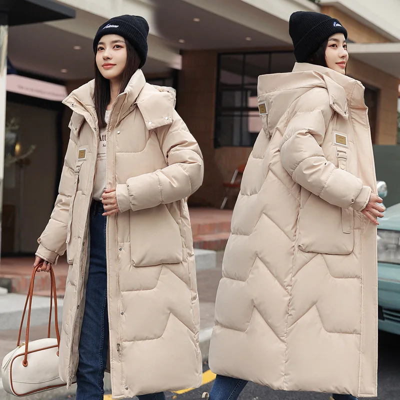 2024 Winter Removable Hat Medium Long Over-knee Thickened Women's Long-sleeved Pocket Jacket Fashionable Warm Women's Clothing