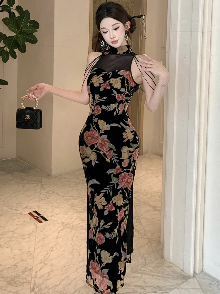 Abito da donna con scollo a rete patchwork in velluto floreale primavera autunno Abito da donna elegante di lusso Abito da sera aderente coreano 2025