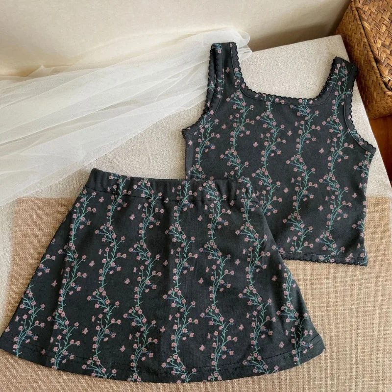 Girls' Summer Niche Floral Vest Skirt Pants Set Baby Chic Camisole Vest Dress Girls Dress Kids Dress Baby Girl Dress