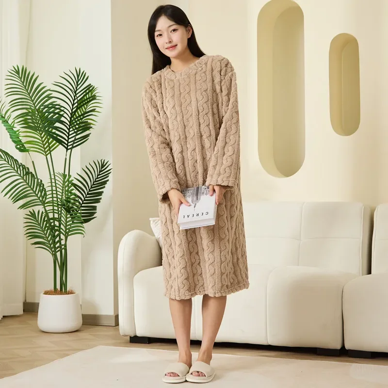 Women Fleece Coral Nightdress Autumn Winter Thermal Thickened Warm Loose Sleepwear Loungewear House Robe Wearable Bedroom Comfy