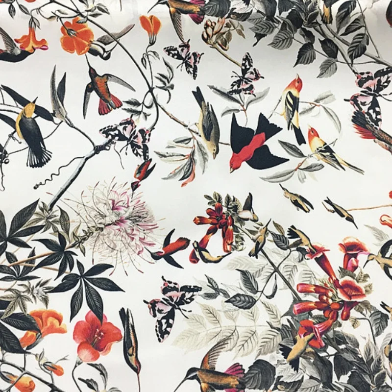 1 meter 95% Mulberry Silk 5% Spandex 20 momme Charmeuse Silk Fabric Birds and Flowers Printed 106cm 41.7