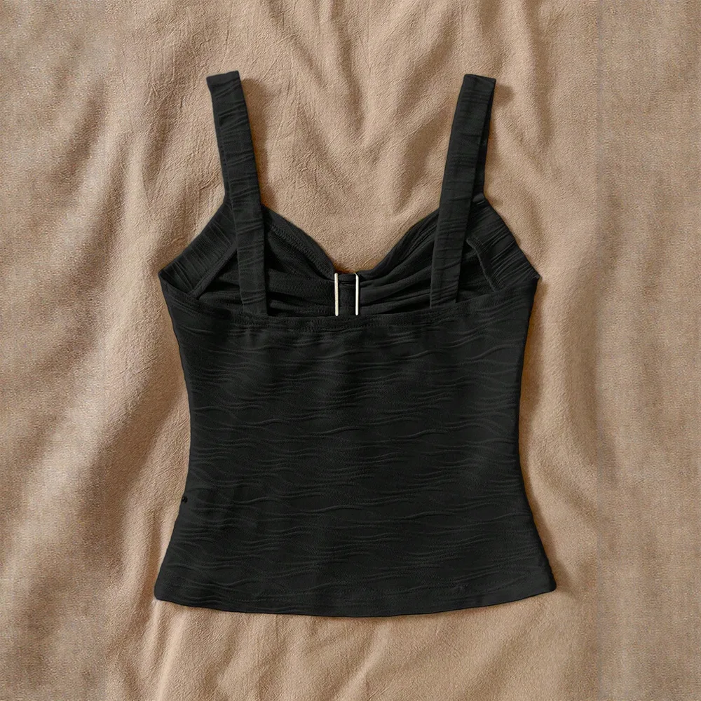 Vintage Black Slim Fit Camisole Top with Metal Flower V Neck Sleeveless Women