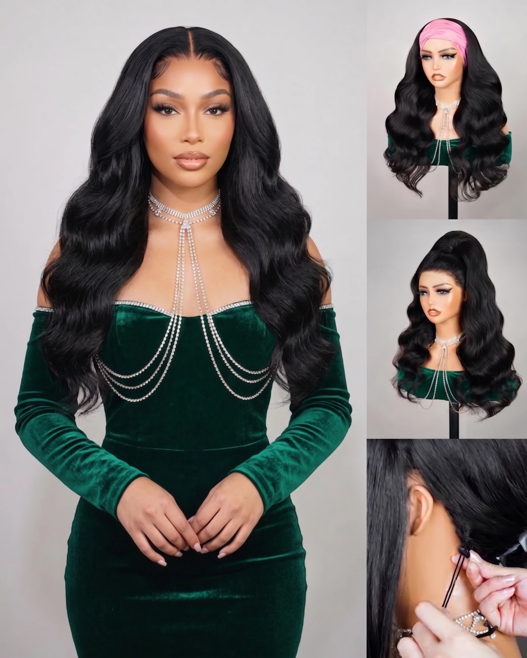 Smilegirl Body Wave 3 en 1 Demi-perruque en cheveux humains, sans colle, prête à porter, avec cordon de serrage et clip, style Water Wave