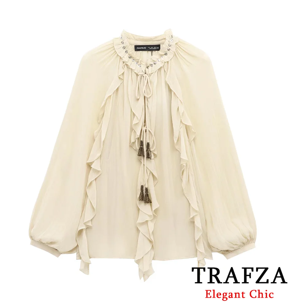 TRAFZA-Women Romantic Chiffon Blouse Sequins Tassels Tierred Shirt New 2025 Spring Fall Luxury Garden Party Vacation Shirt