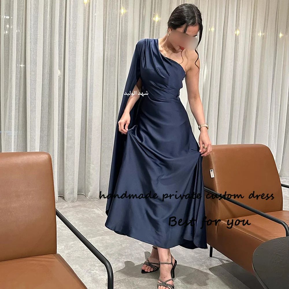 

Navy Blue Evening Dresses One Shoulder Arabian Dubai Formal Prom Dress Ankle Length Evening Party Gown Zipper Back