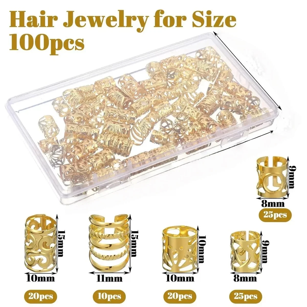 100Pcs Mixed Size Golden and slivery Hair Jewelry for Braids, 5 Styles Hollow Dreadlock Beads Cuffs, Adjustable Metal Hair Rings